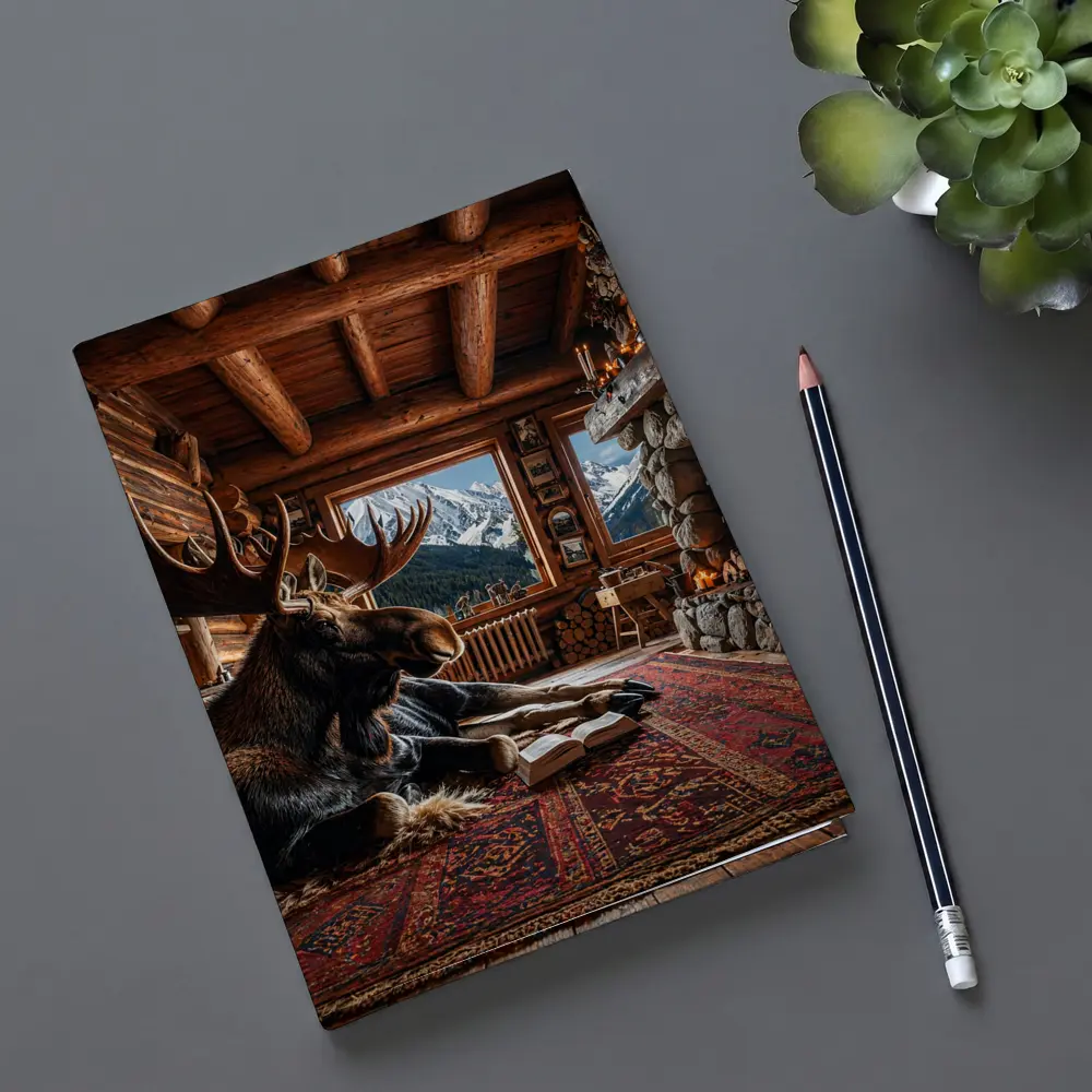 Moose Reading Book Mountain Cabin Fireplace – Notebooks