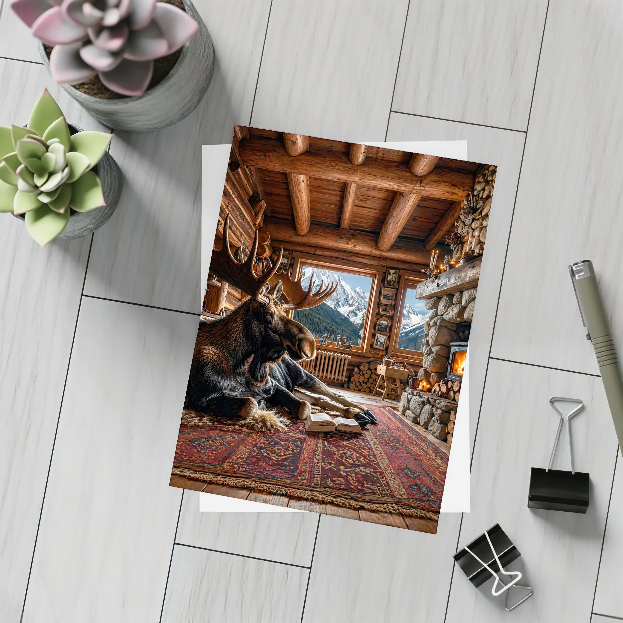Moose Reading Book Mountain Cabin Fireplace – Postcards