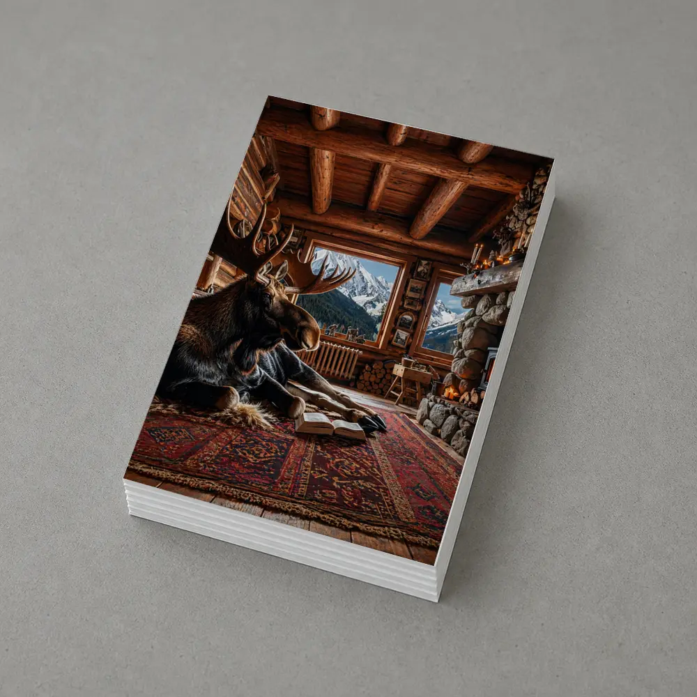 Moose Reading Book Mountain Cabin Fireplace – Postcards