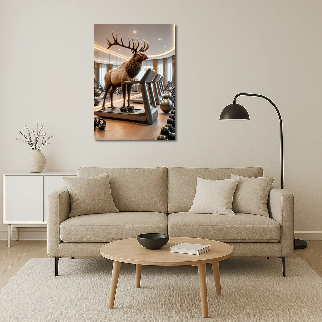 Elk Standing on Treadmill in Gym – Wall Art