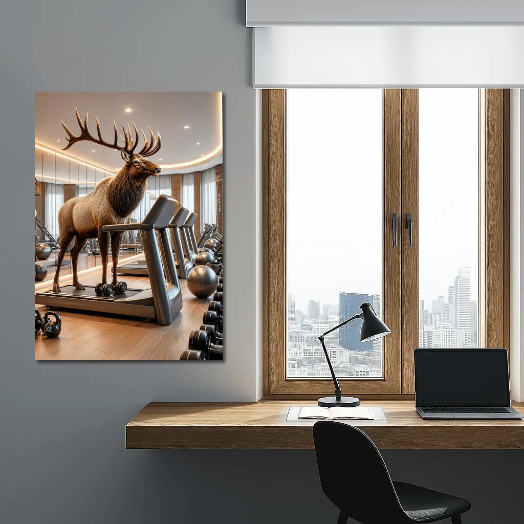 Elk Standing on Treadmill in Gym – Wall Art
