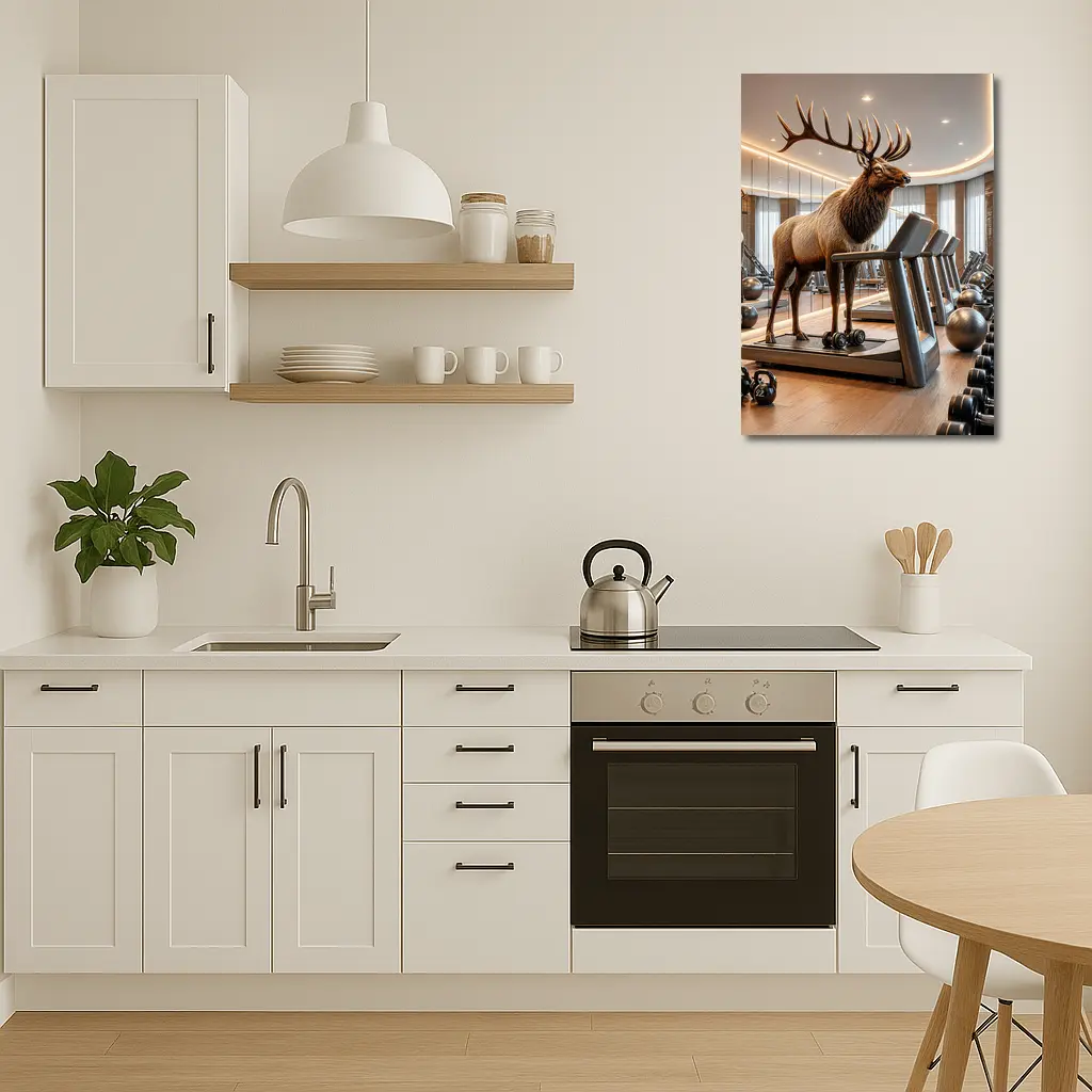 Elk Standing on Treadmill in Gym – Wall Art