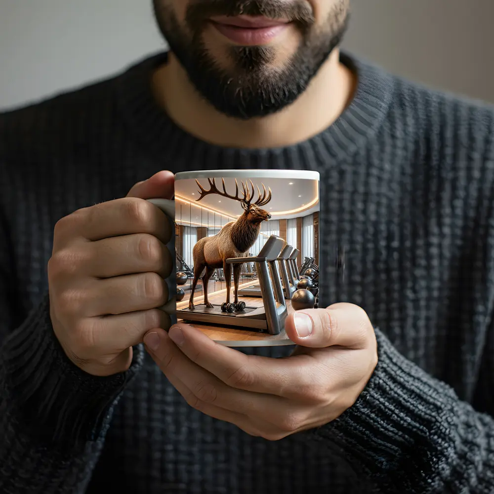 Elk Standing on Treadmill in Gym – Mugs