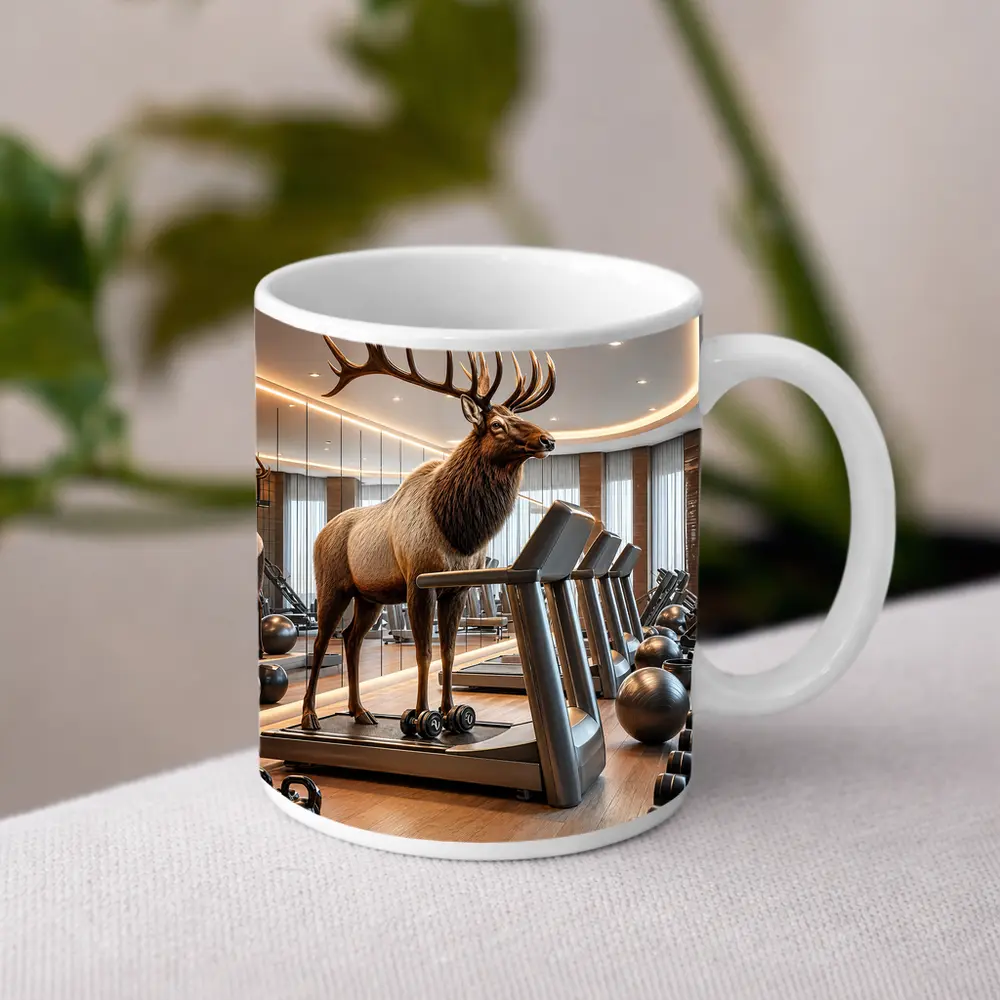 Elk Standing on Treadmill in Gym – Mugs