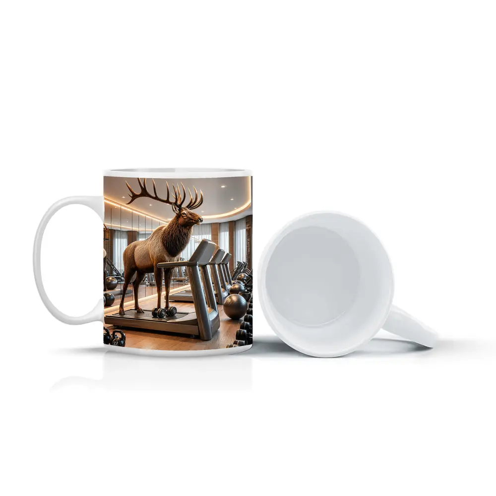 Elk Standing on Treadmill in Gym – Mugs