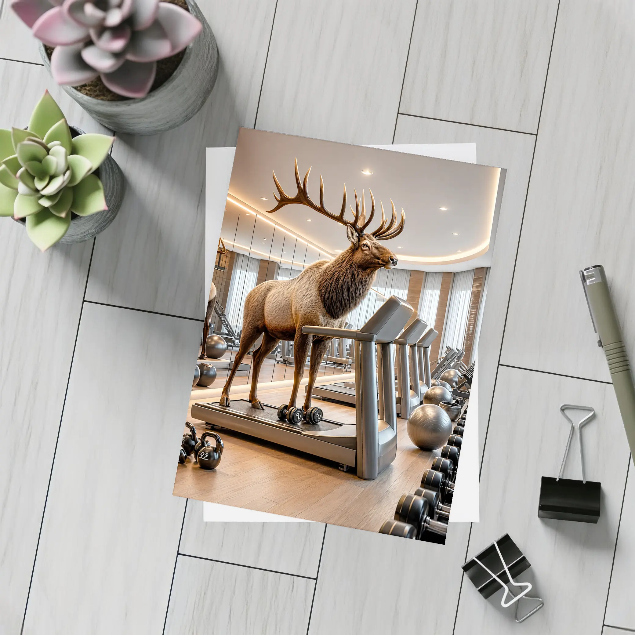 Elk Standing on Treadmill in Gym – Postcards
