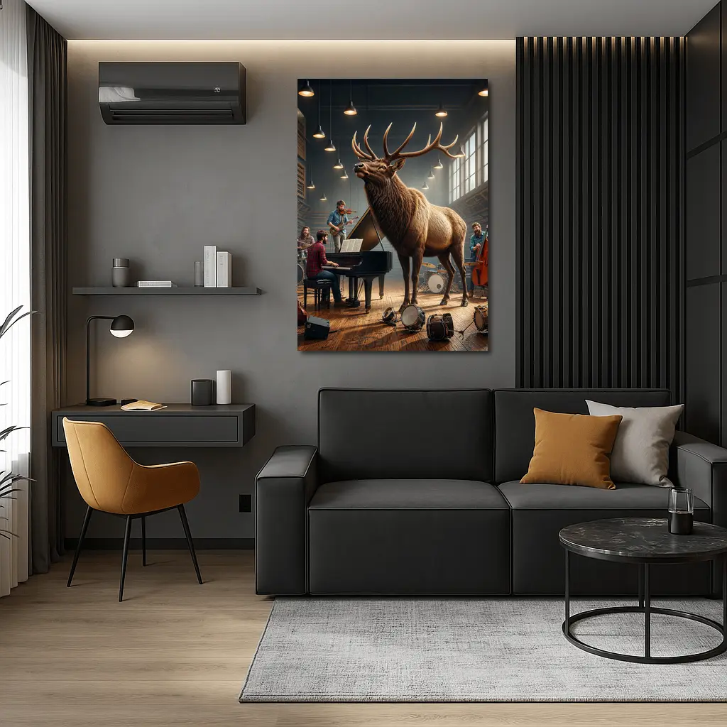 Elk Standing in Music Studio With Band – Wall Art