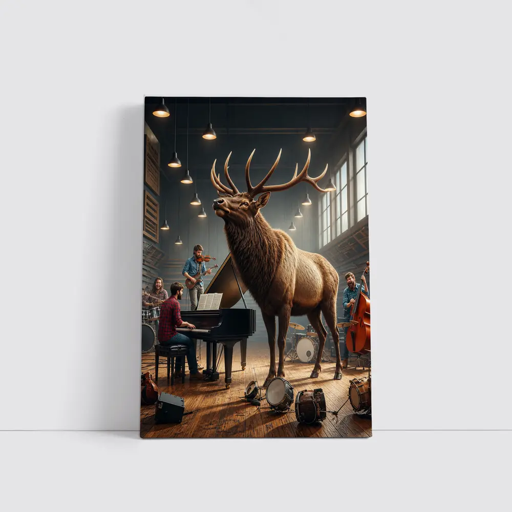 Elk Standing in Music Studio With Band – Wall Art