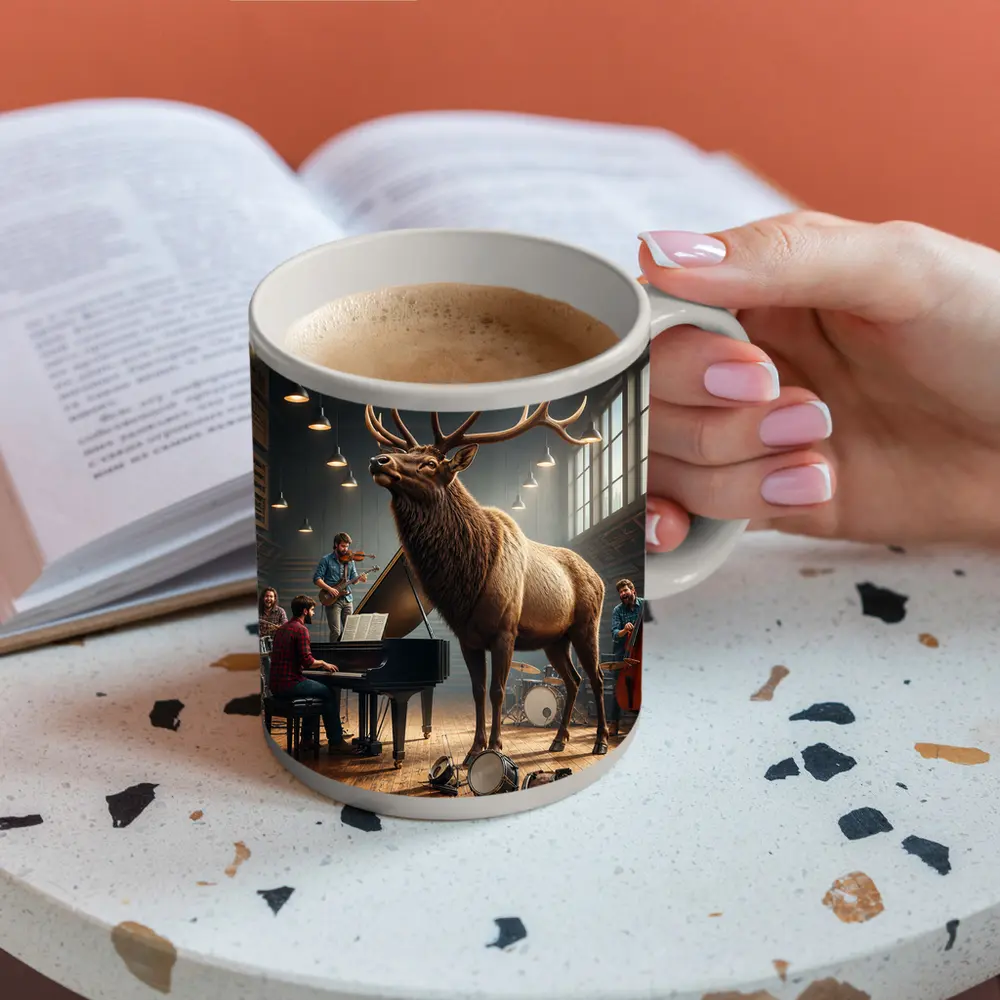 Elk Standing in Music Studio With Band – Mugs