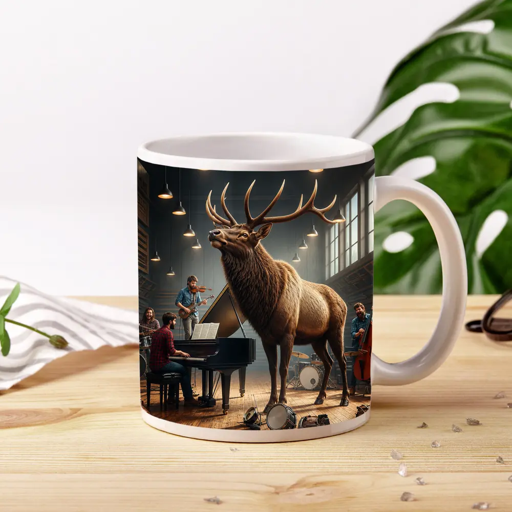 Elk Standing in Music Studio With Band – Mugs