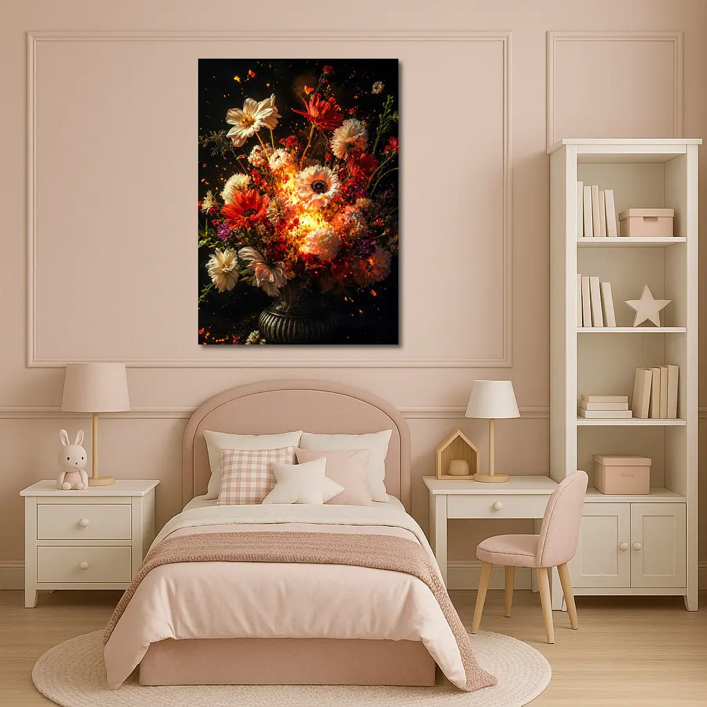 Fiery Floral Bouquet Explosion Dark Background – Wall Art