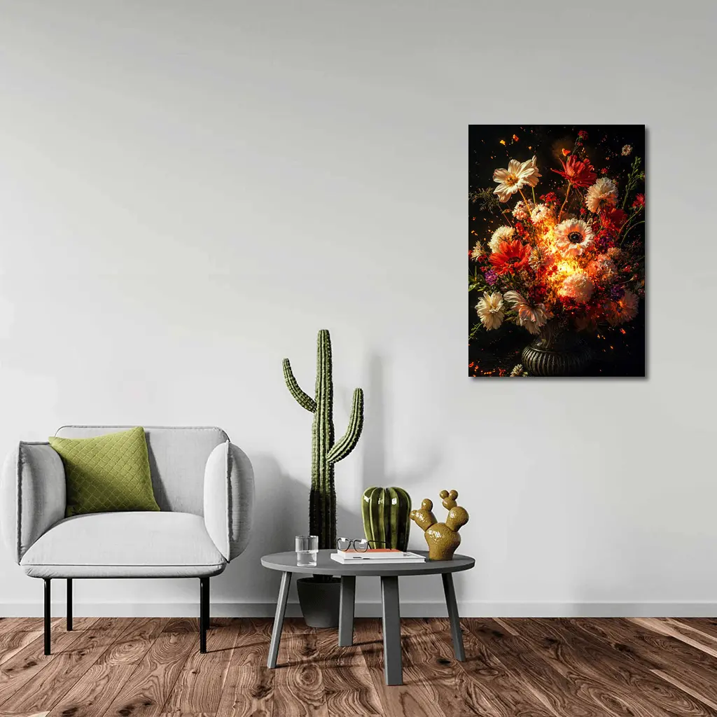 Fiery Floral Bouquet Explosion Dark Background – Wall Art