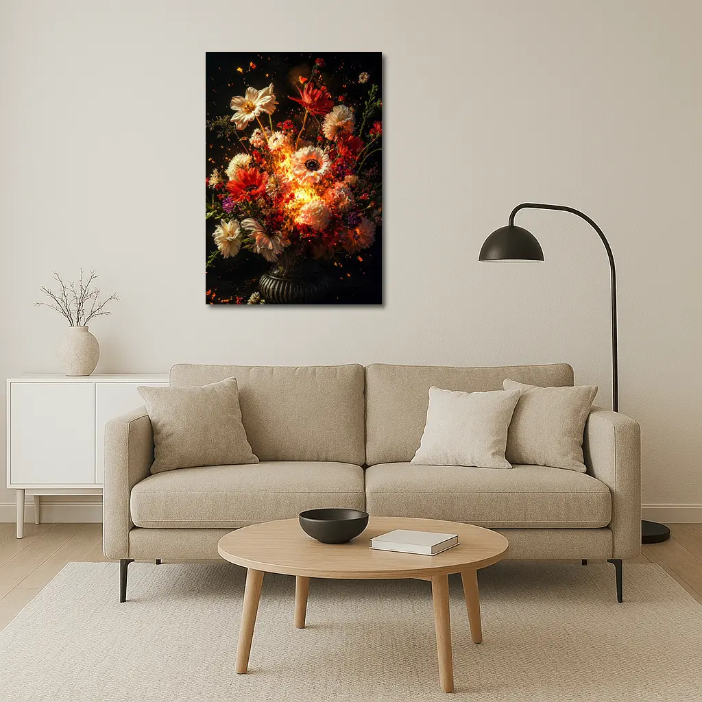 Fiery Floral Bouquet Explosion Dark Background – Wall Art