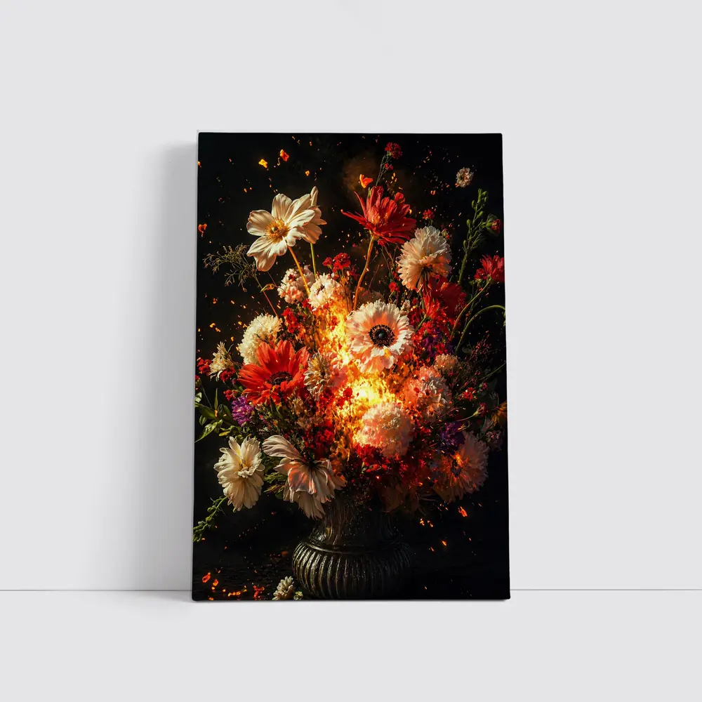 Fiery Floral Bouquet Explosion Dark Background – Wall Art