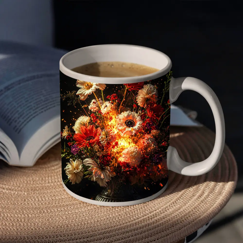 Fiery Floral Bouquet Explosion Dark Background – Mugs