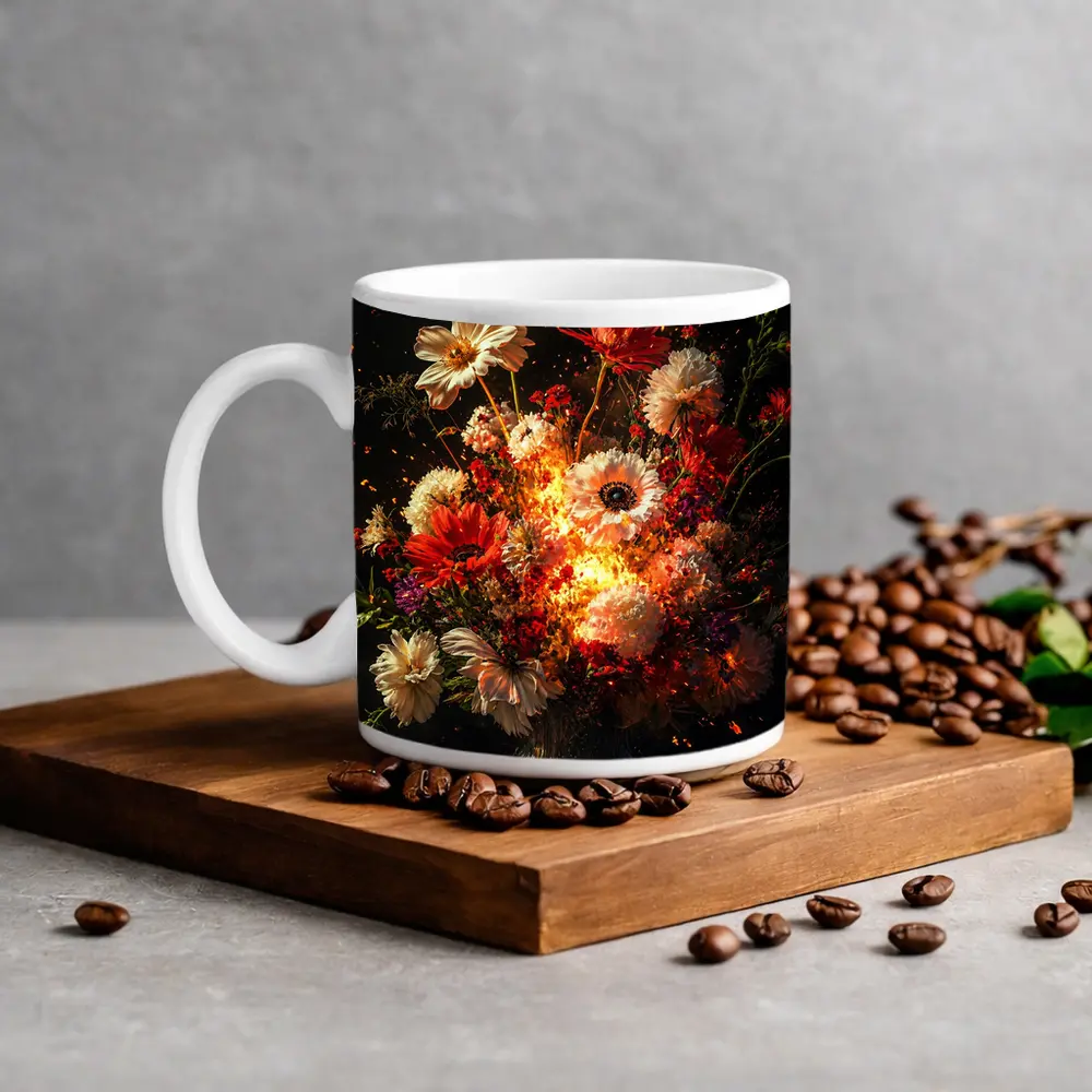 Fiery Floral Bouquet Explosion Dark Background – Mugs