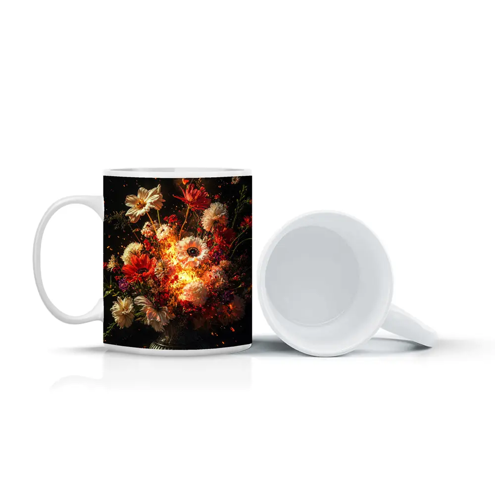Fiery Floral Bouquet Explosion Dark Background – Mugs