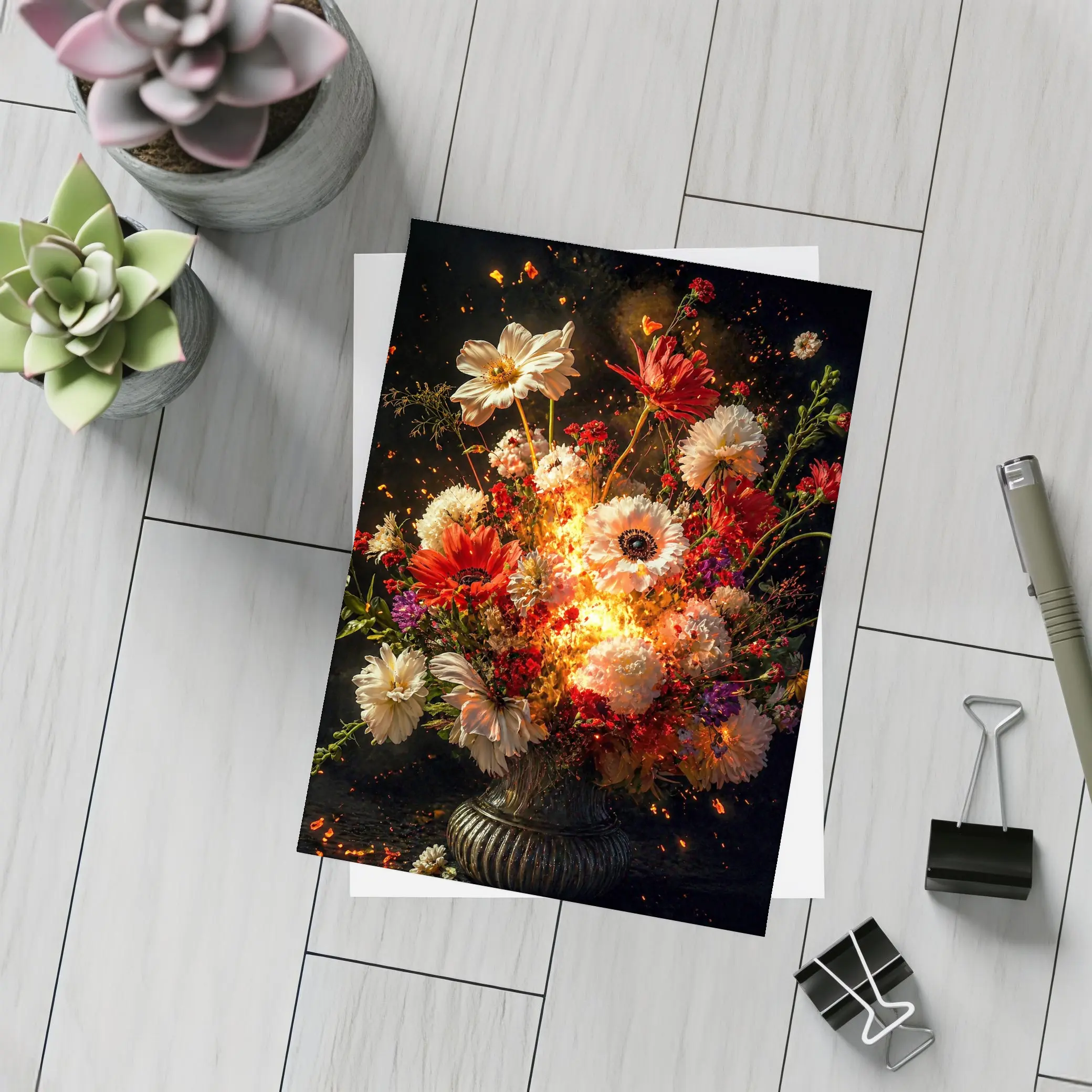 Fiery Floral Bouquet Explosion Dark Background – Postcards