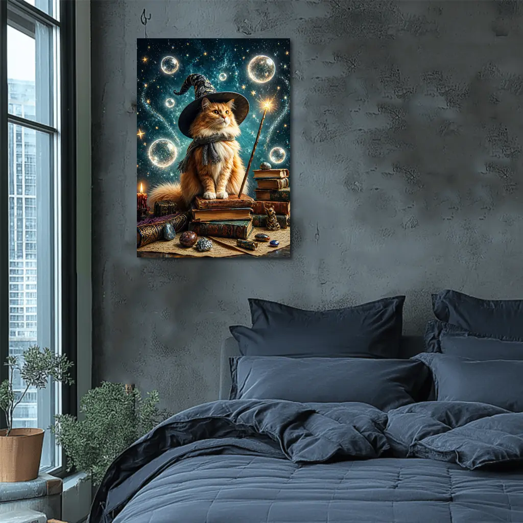 Wizard Cat With Magic Wand Starry Night – Wall Art