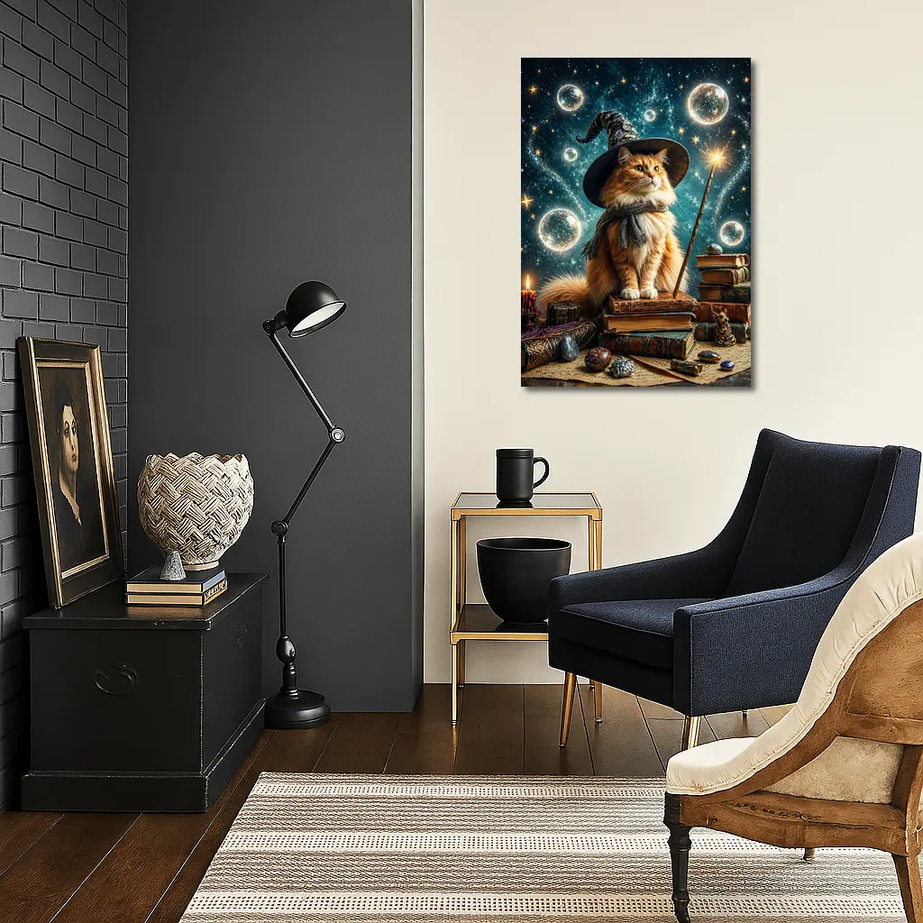Wizard Cat With Magic Wand Starry Night – Wall Art