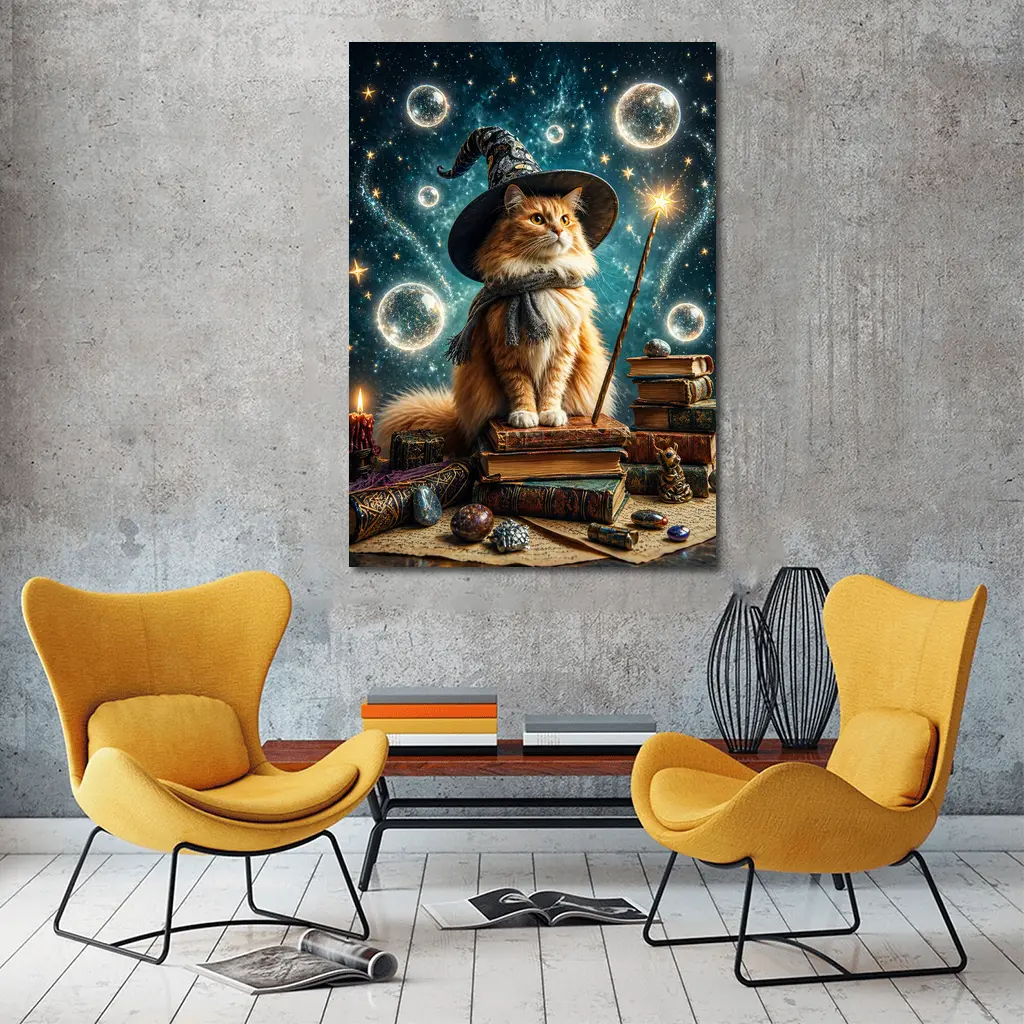 Wizard Cat With Magic Wand Starry Night – Wall Art