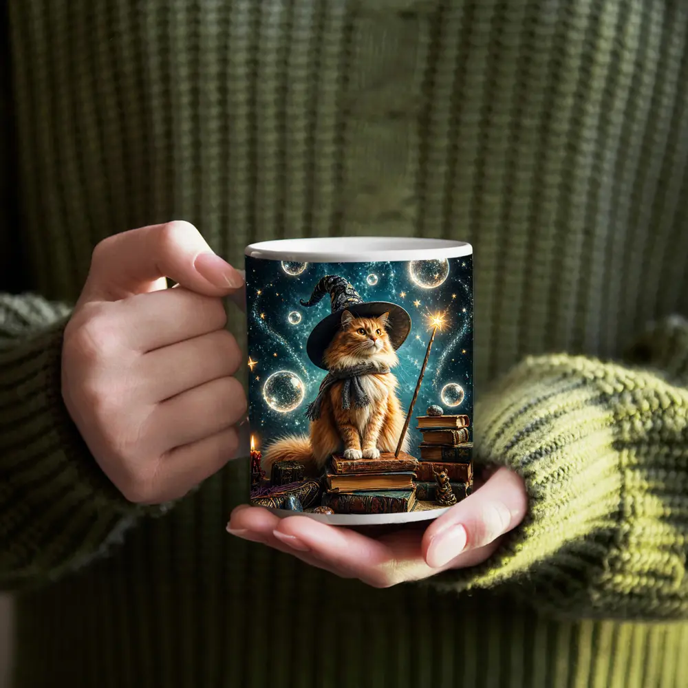 Wizard Cat With Magic Wand Starry Night – Mugs