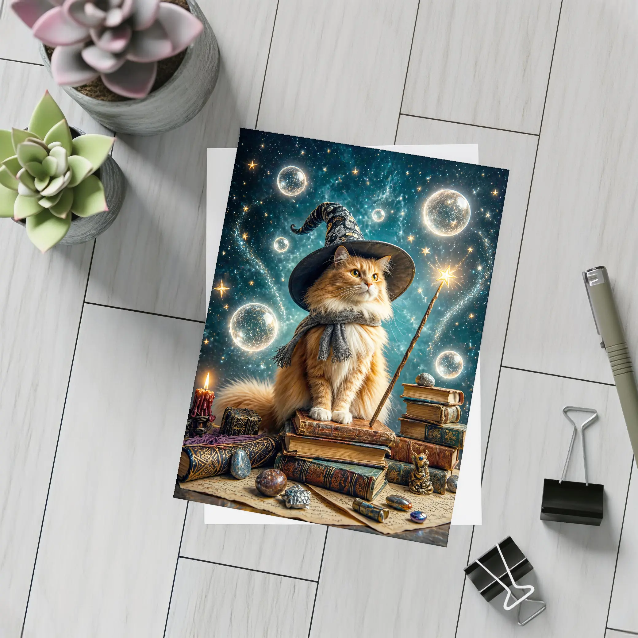 Wizard Cat With Magic Wand Starry Night – Postcards