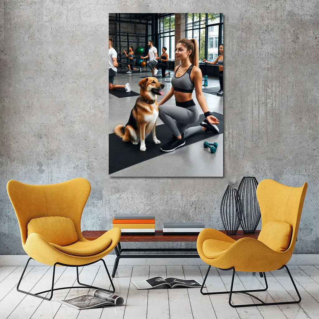 Woman Working Out With Dog Gym – Wall Art