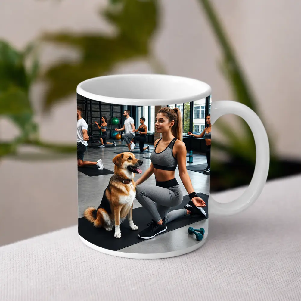 Woman Working Out With Dog Gym – Mugs