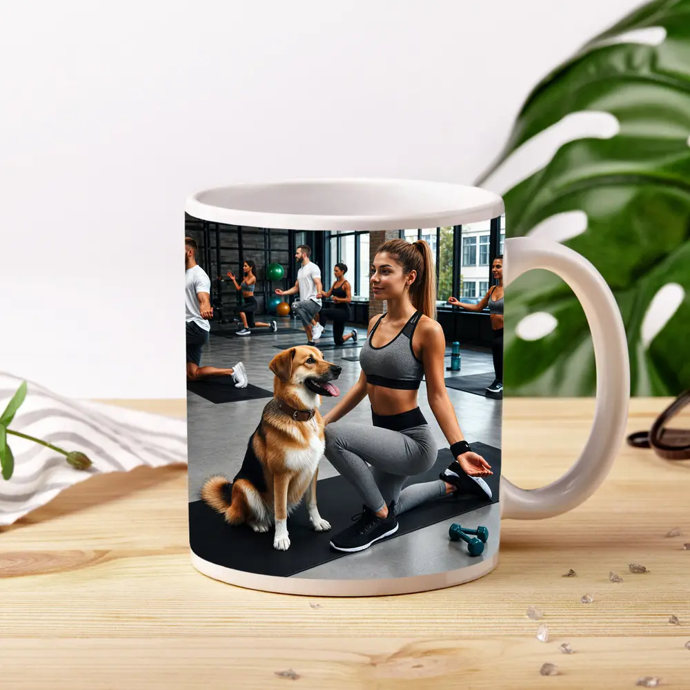 Woman Working Out With Dog Gym – Mugs