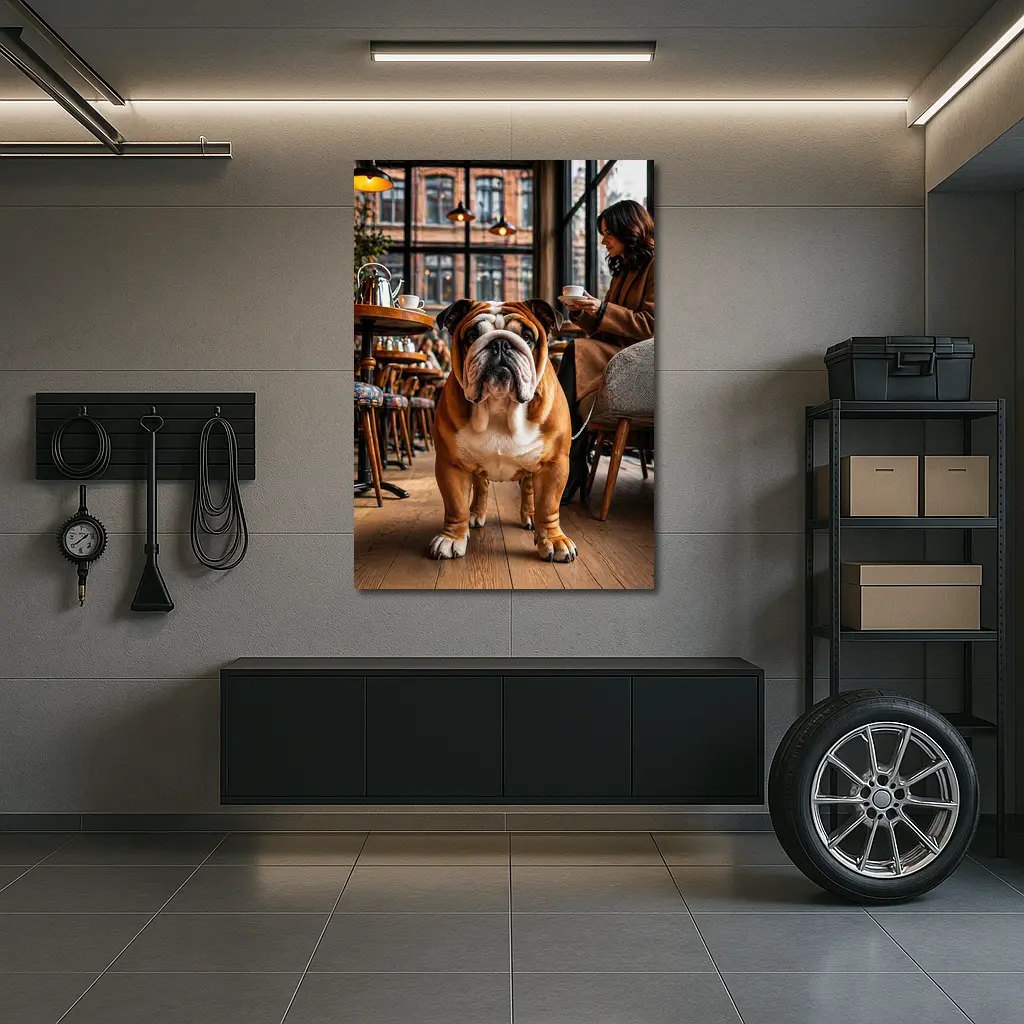 English Bulldog Standing Inside Cozy Cafe – Wall Art
