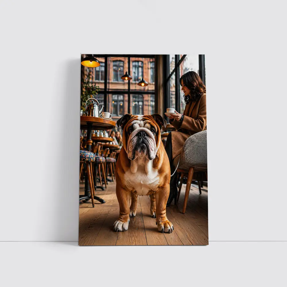 English Bulldog Standing Inside Cozy Cafe – Wall Art