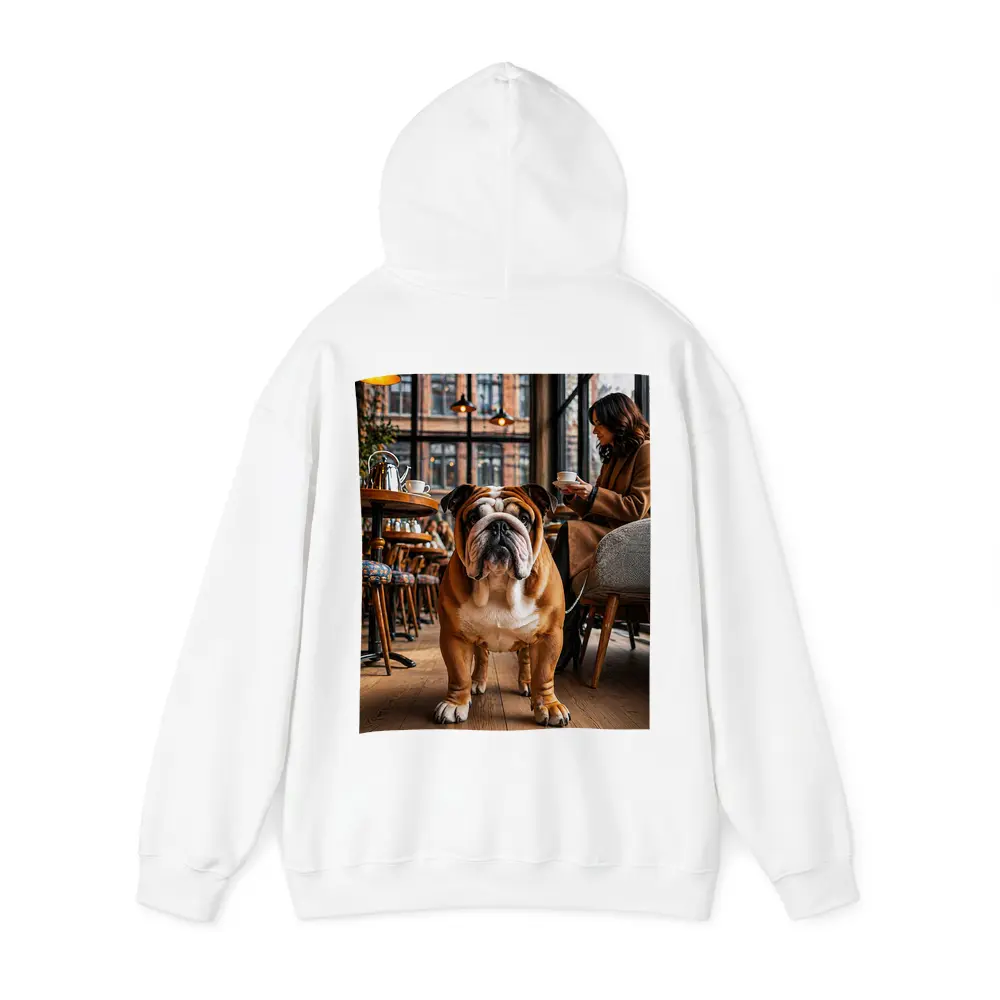 English Bulldog Standing Inside Cozy Cafe – Hoodies