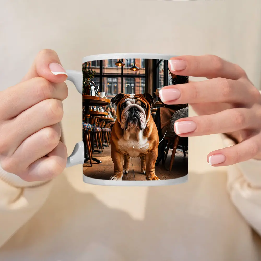 English Bulldog Standing Inside Cozy Cafe – Mugs