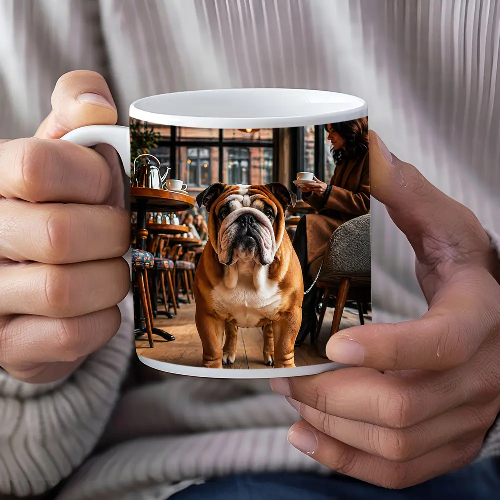 English Bulldog Standing Inside Cozy Cafe – Mugs
