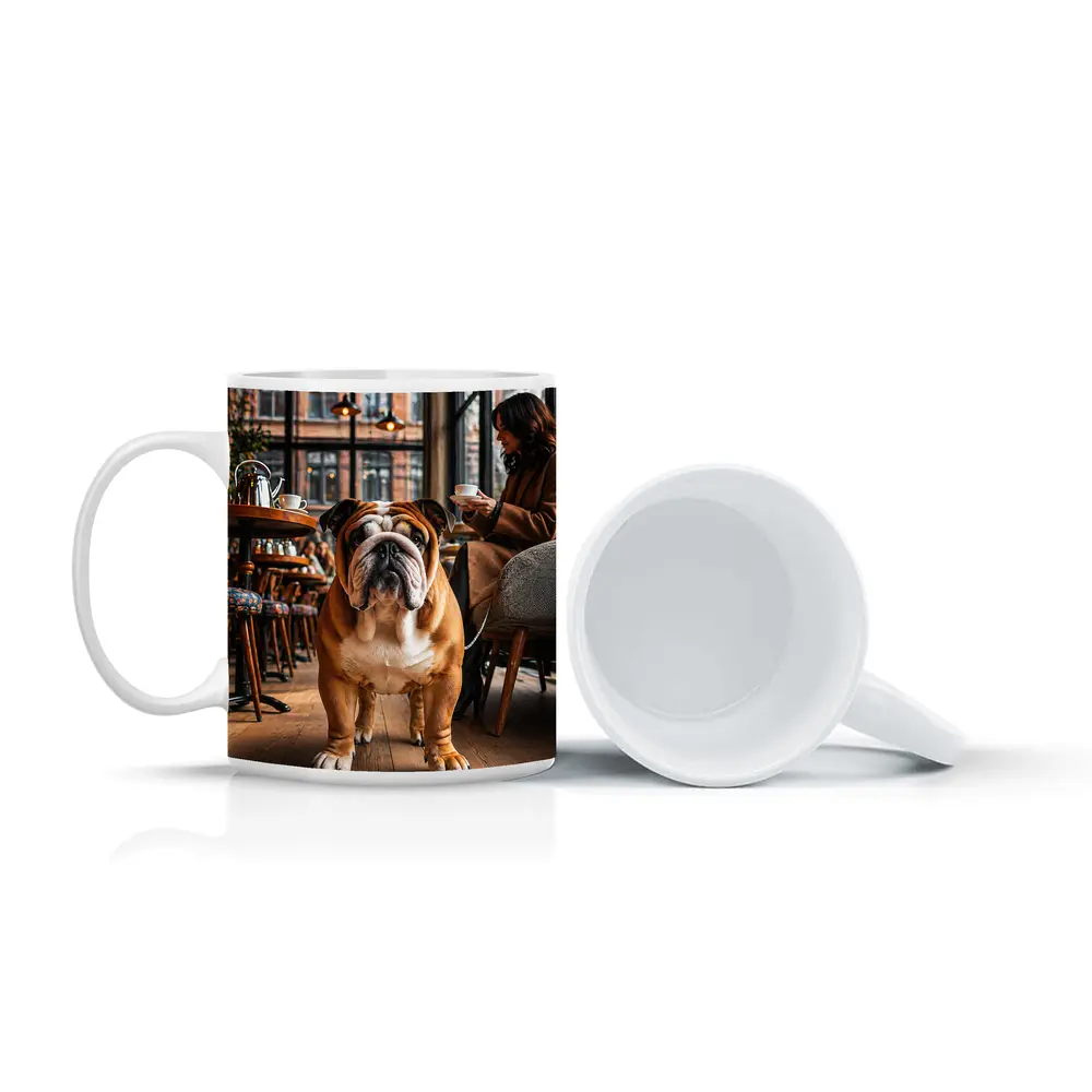 English Bulldog Standing Inside Cozy Cafe – Mugs