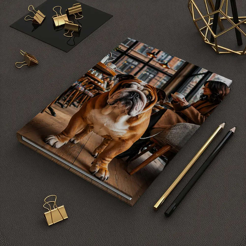 English Bulldog Standing Inside Cozy Cafe – Notebooks