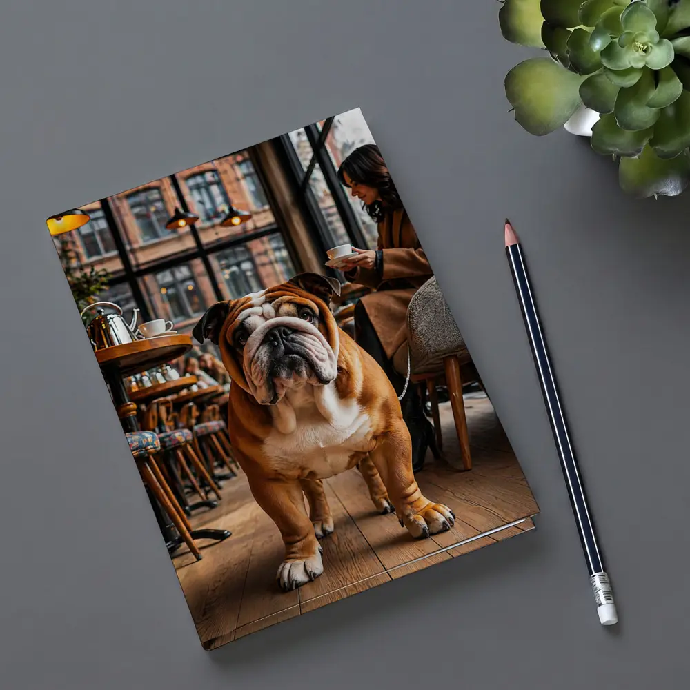 English Bulldog Standing Inside Cozy Cafe – Notebooks