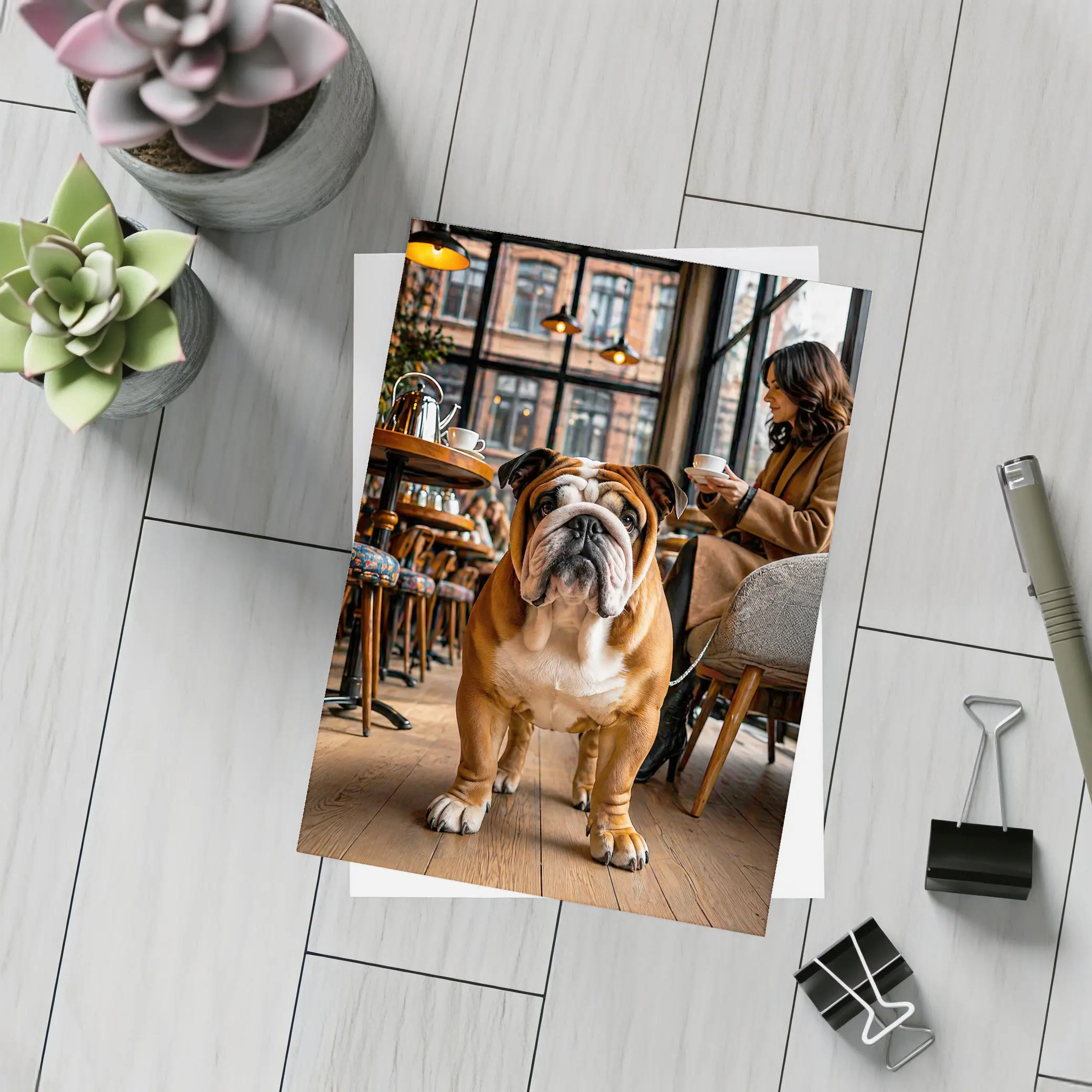 English Bulldog Standing Inside Cozy Cafe – Postcards