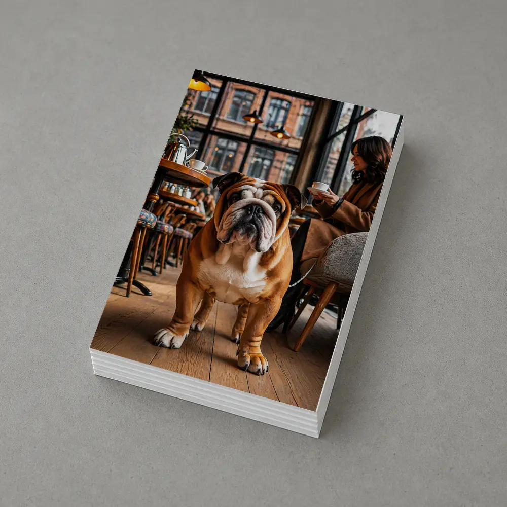English Bulldog Standing Inside Cozy Cafe – Postcards