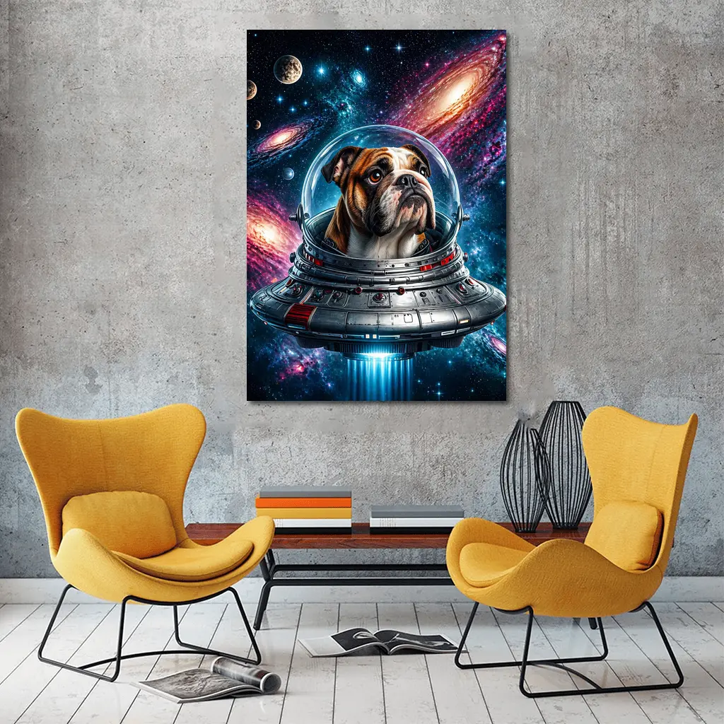 English Bulldog Astronaut Flying Through Galaxy – Wall Art