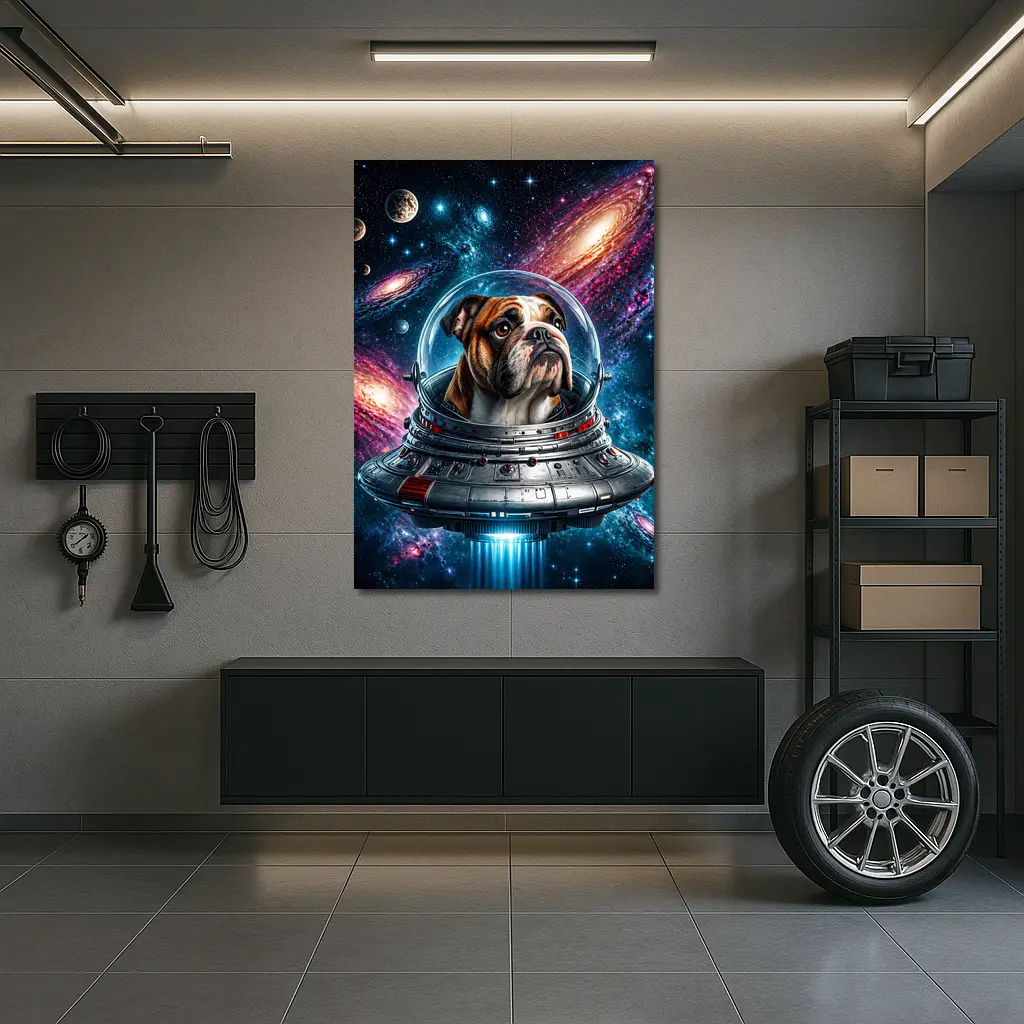 English Bulldog Astronaut Flying Through Galaxy – Wall Art
