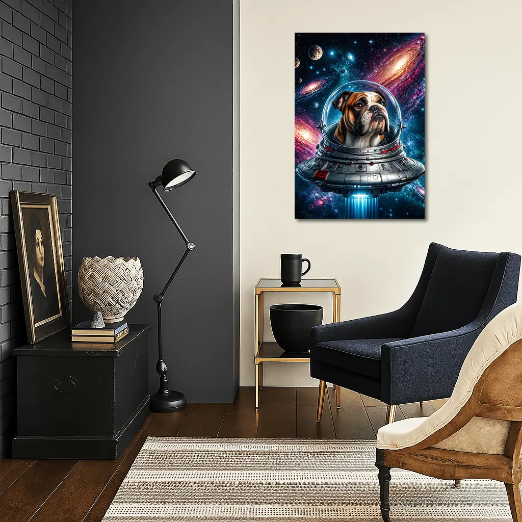 English Bulldog Astronaut Flying Through Galaxy – Wall Art