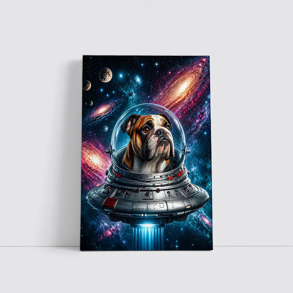 English Bulldog Astronaut Flying Through Galaxy – Wall Art