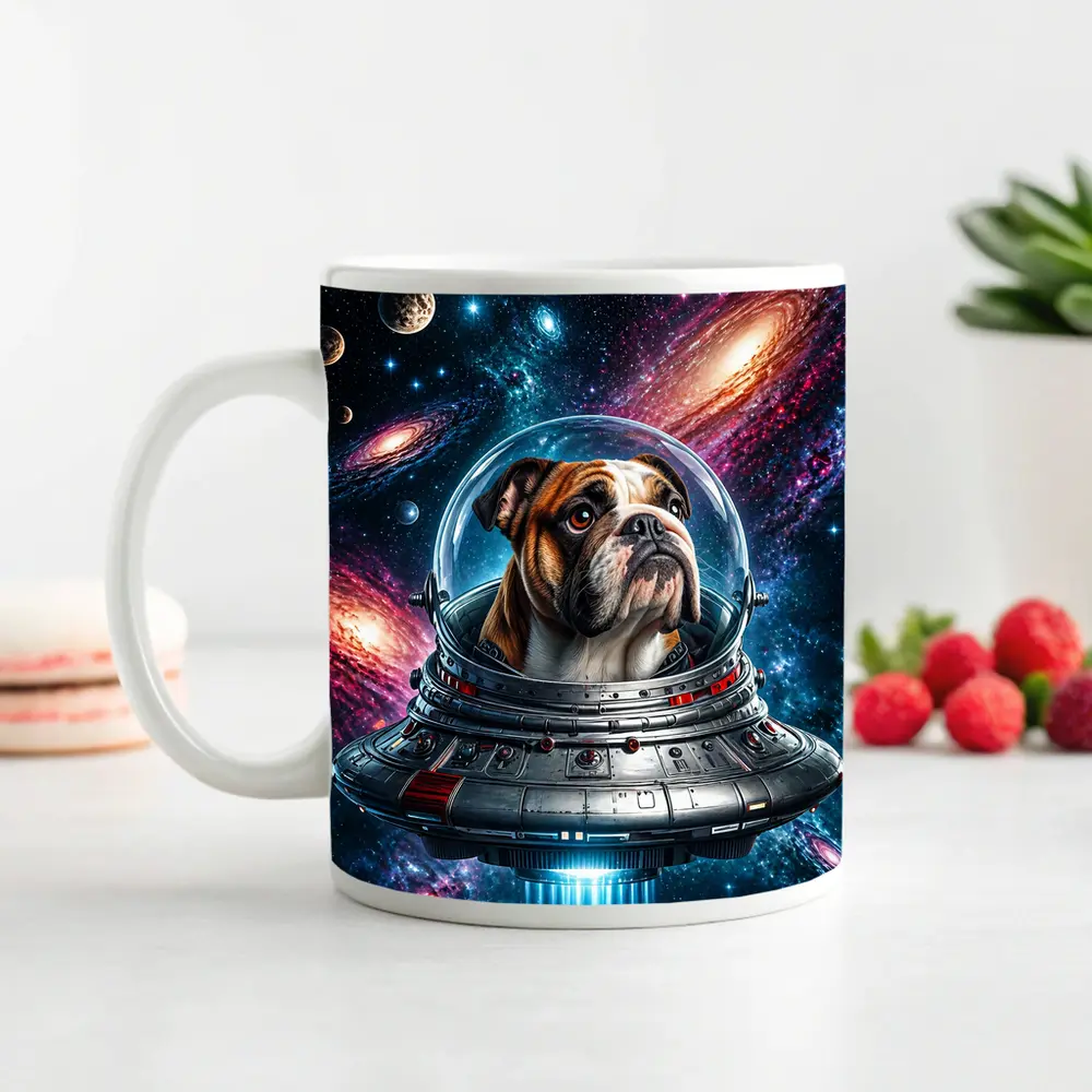 English Bulldog Astronaut Flying Through Galaxy – Mugs