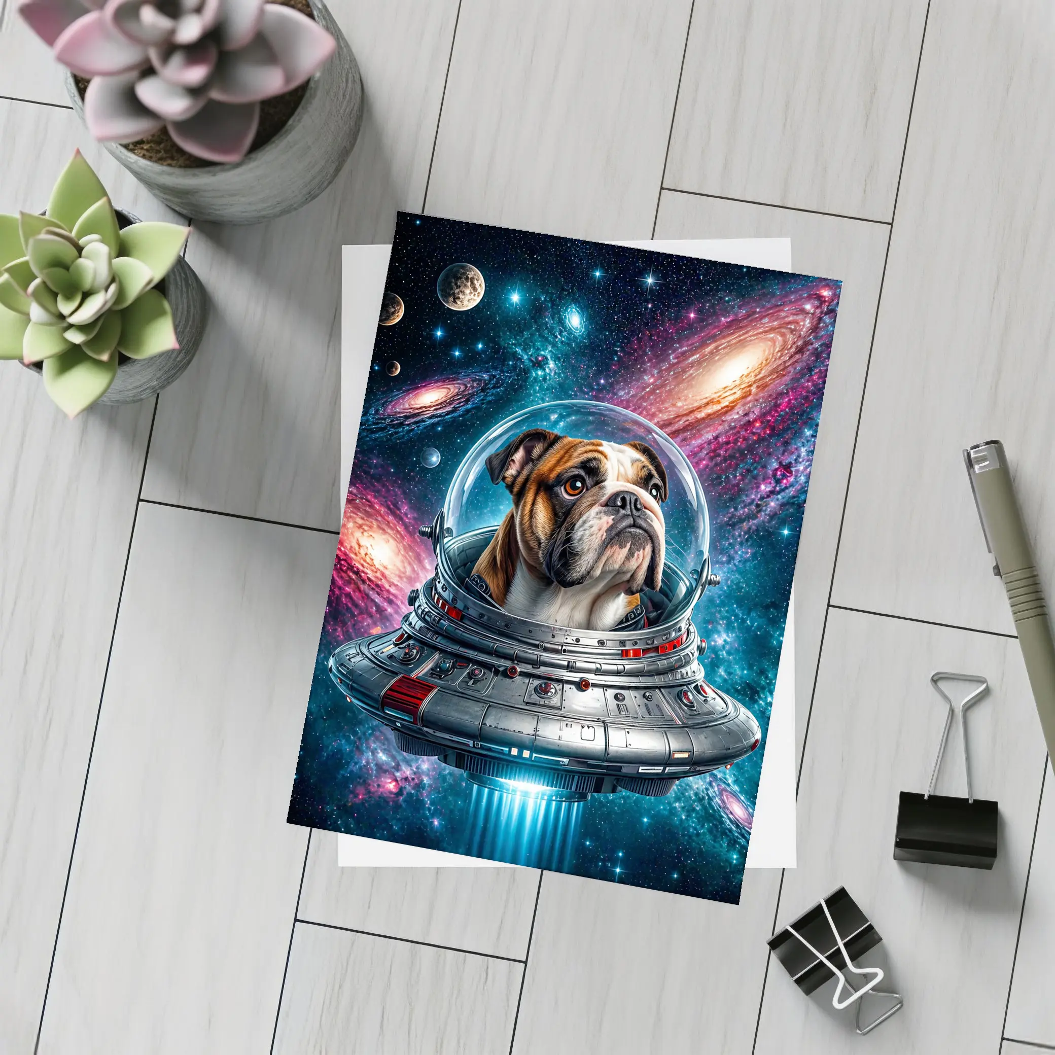English Bulldog Astronaut Flying Through Galaxy – Postcards
