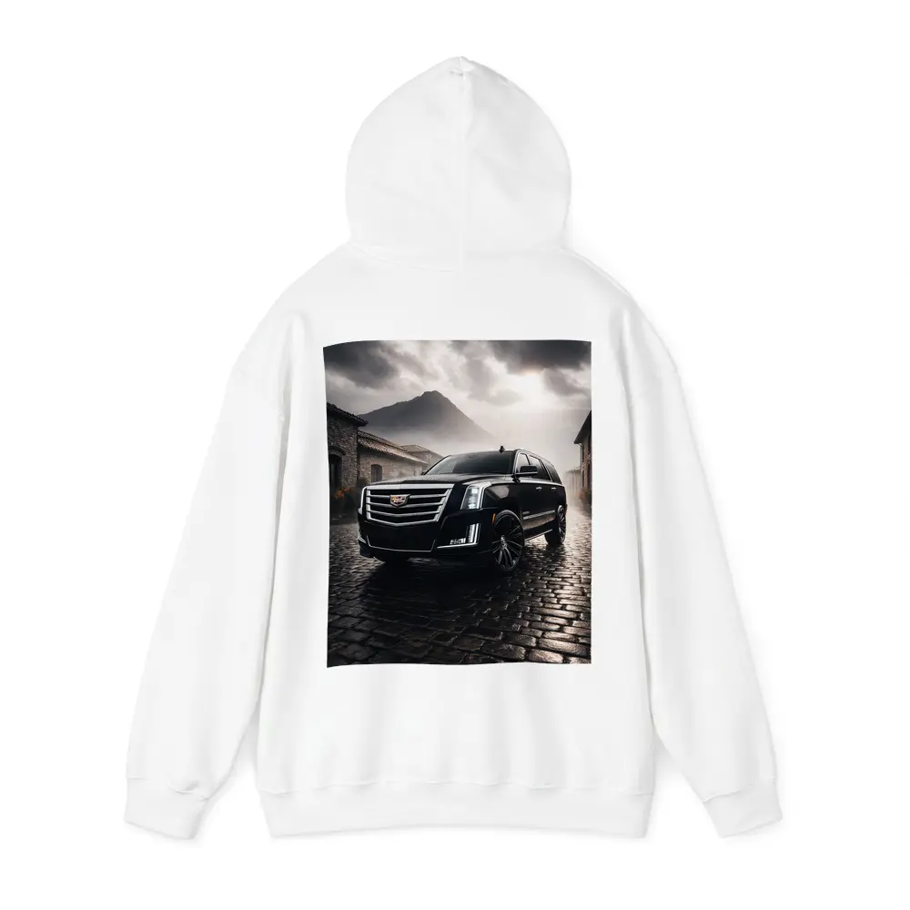 Cadillac Escalade Black SUV Stormy Mountain Setting – Hoodies