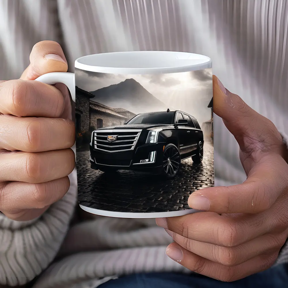 Cadillac Escalade Black SUV Stormy Mountain Setting – Mugs