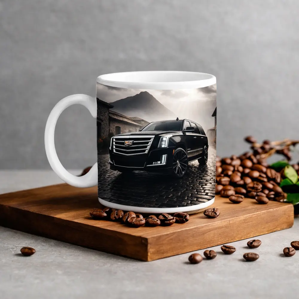Cadillac Escalade Black SUV Stormy Mountain Setting – Mugs