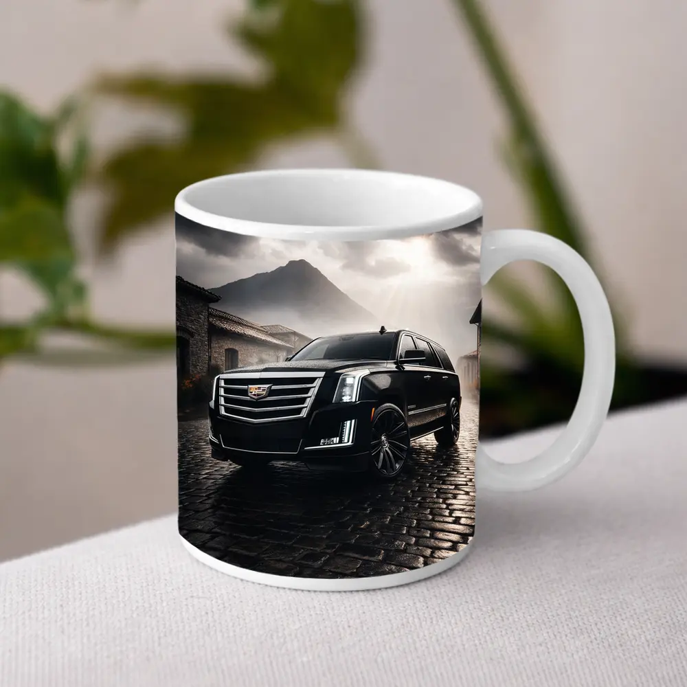 Cadillac Escalade Black SUV Stormy Mountain Setting – Mugs